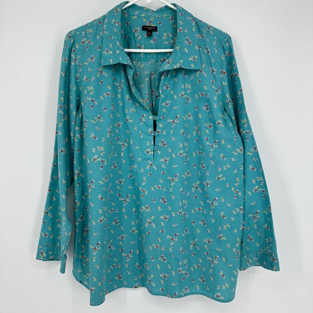 Talbots Blouse Womens Petite XL Cottage Boho Summer Lightweight Top Blue Floral